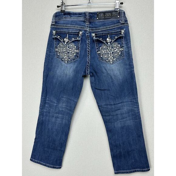 L.A. Idol Women's Cropped Jeans Size 5 Rhinestone Buttons/Pockets Distressed - Picture 10 of 16